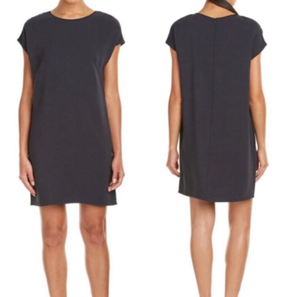 Vince Leather Piped Crepe Shift Mini Tunic Dress size Medium Charcoal Black - Picture 15 of 15